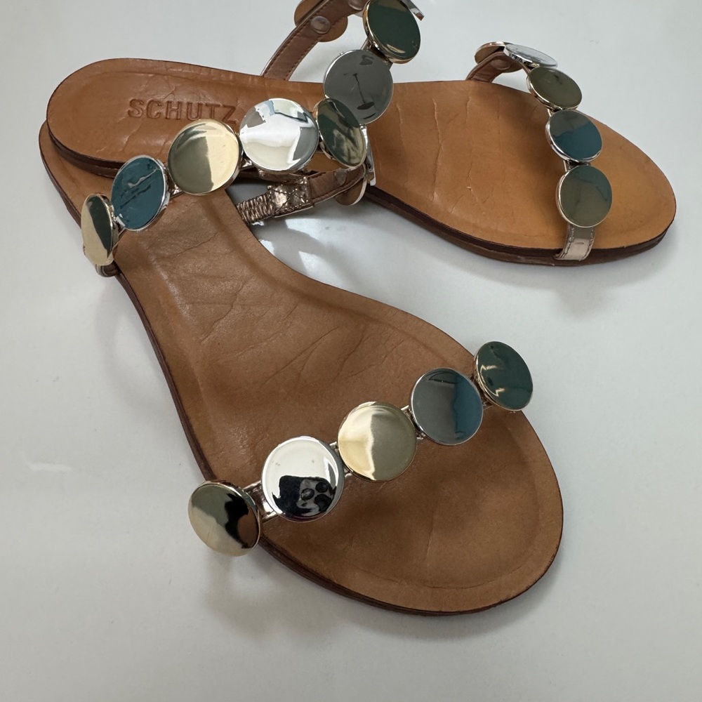 SCHUTZ Metallic Disc Tan Sandals
